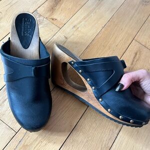 Sanita black wooden clogs Sz 8 or EU 39. Wegner studded slip ons.